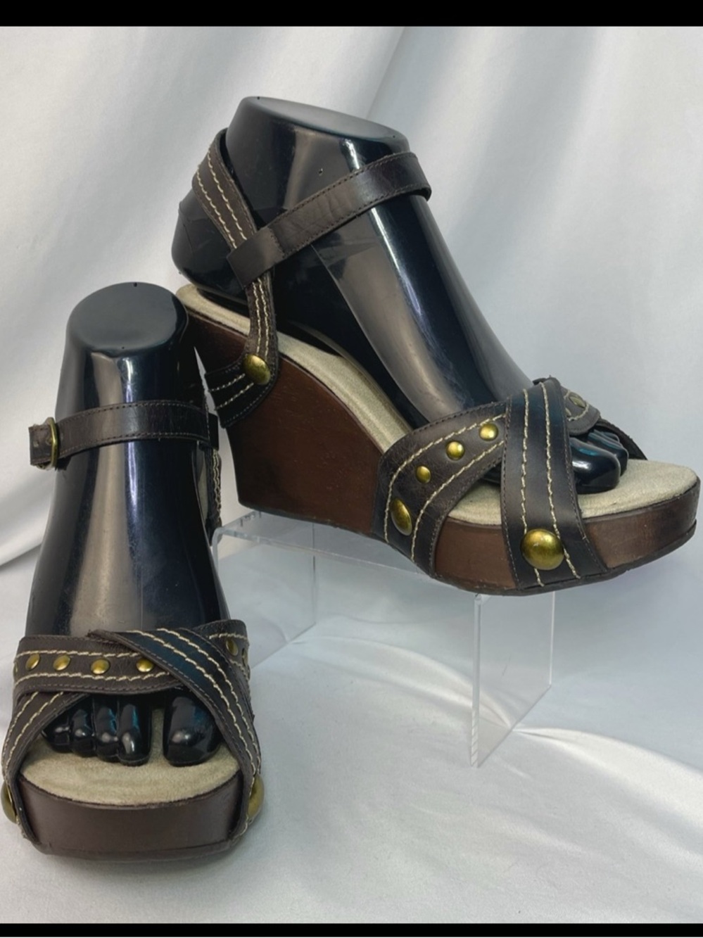 Vintage Y2K MIA Studded Platform Wedge Leather Sandals • WOODEN SOLE • Sz.7